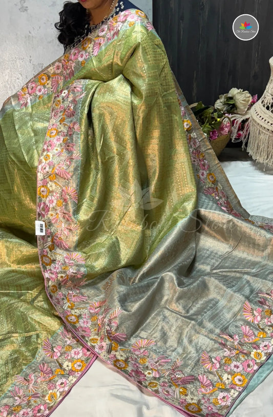 Kanchi Pattu With Petite Point Embroidery - Green