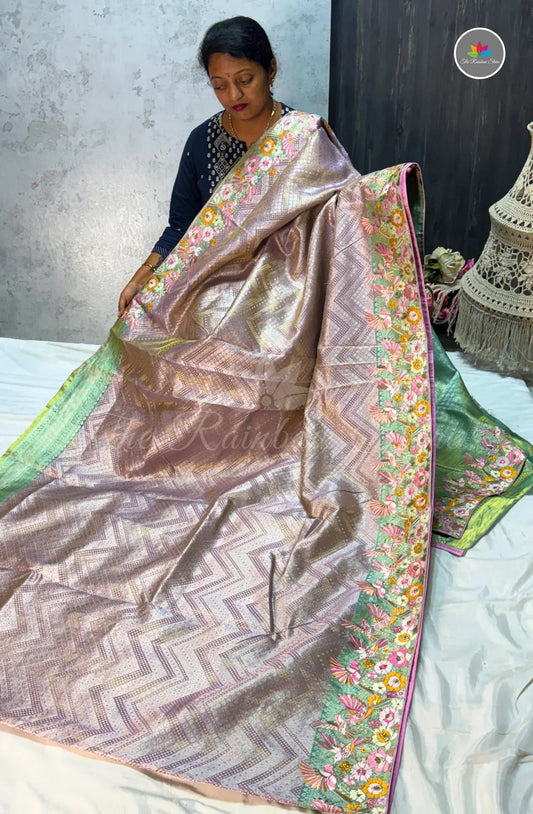 Kanchi Pattu With Petite Point Embroidery - Pink Copper