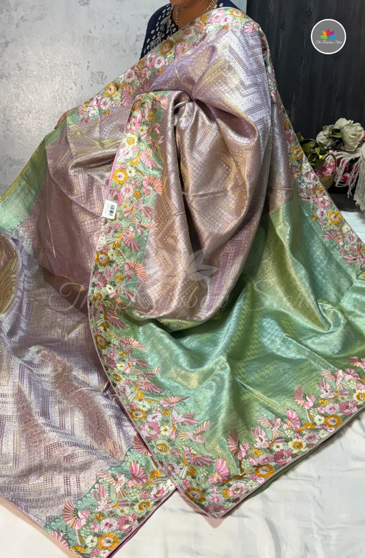 Kanchi Pattu With Petite Point Embroidery - Pink Copper