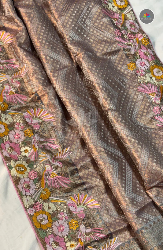 Kanchi Pattu With Petite Point Embroidery - Dual Tone Shade