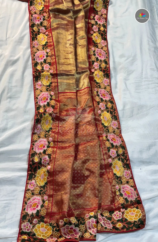 Kanchi Pattu with Petite Point Embroidery - Red