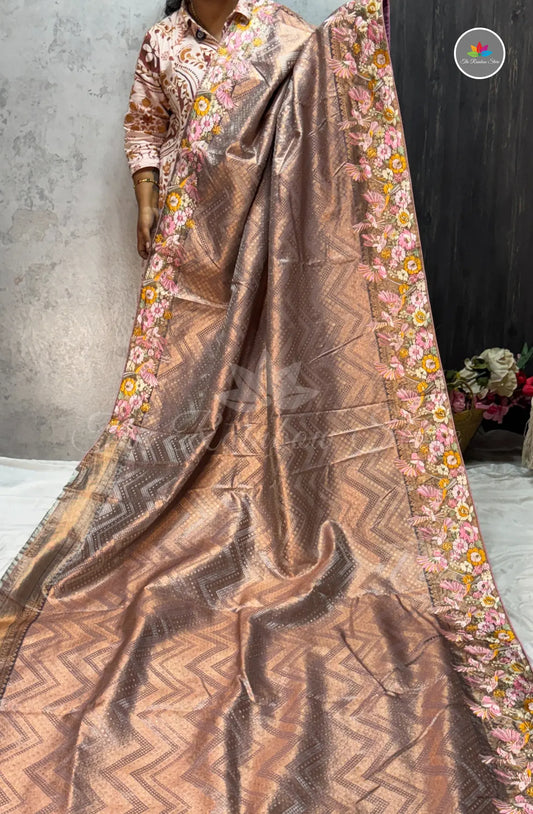 Kanchi Pattu With Petite Point Embroidery - Dual Tone Shade