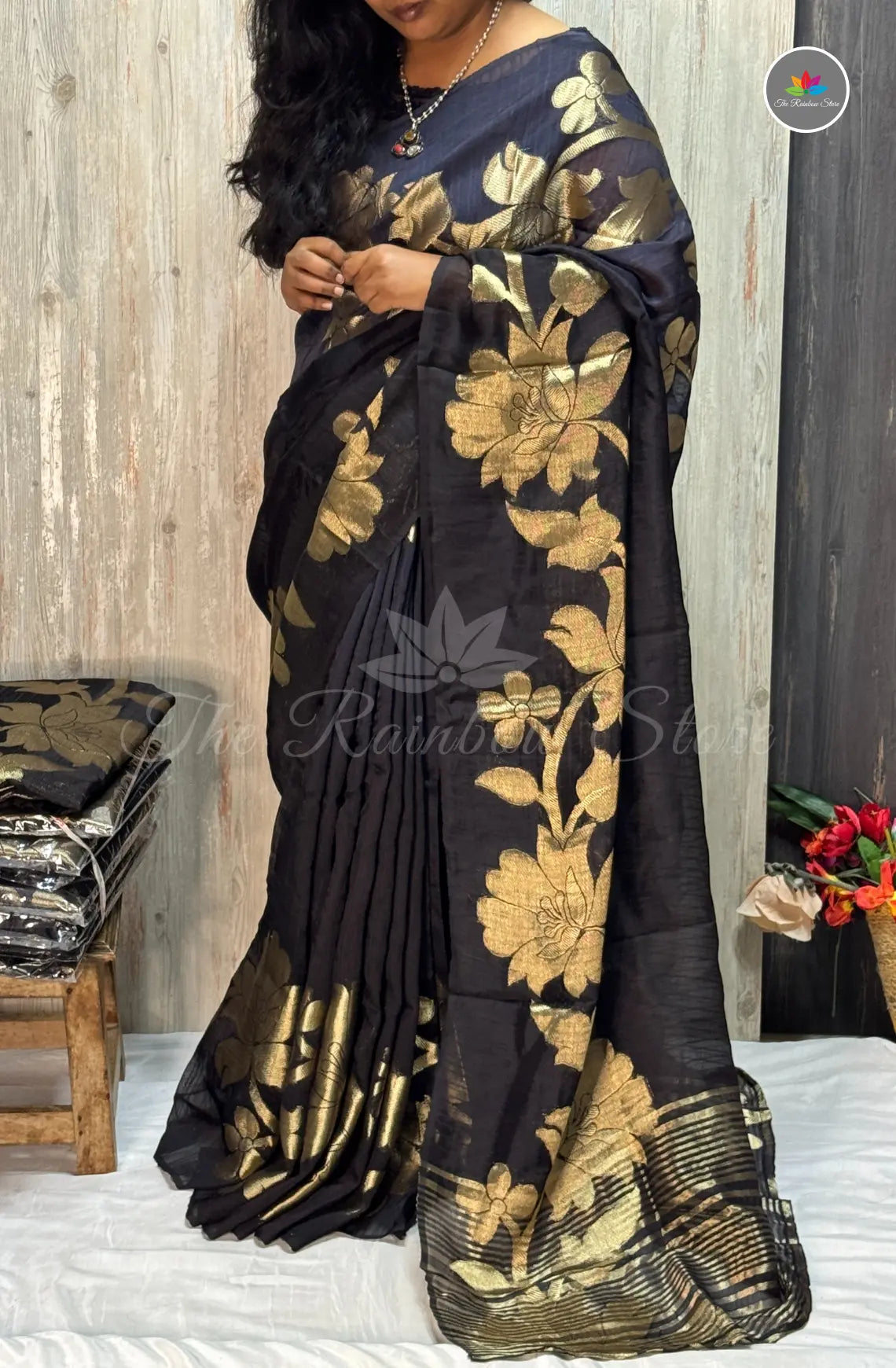 Kora Jamdani Saree – Black & Gold
