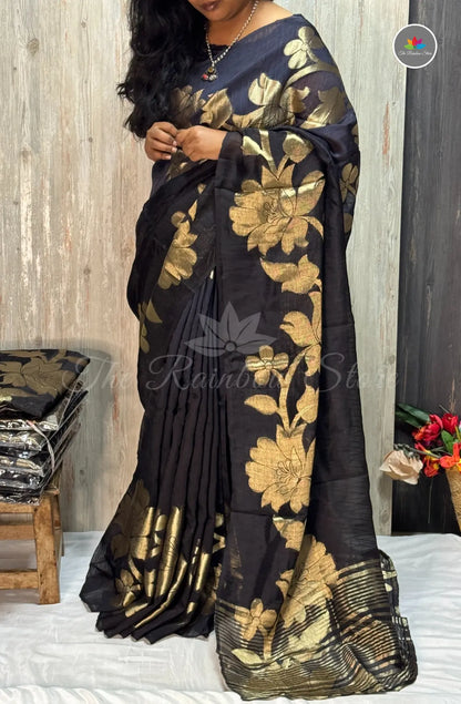 Kora Jamdani Saree – Black & Gold