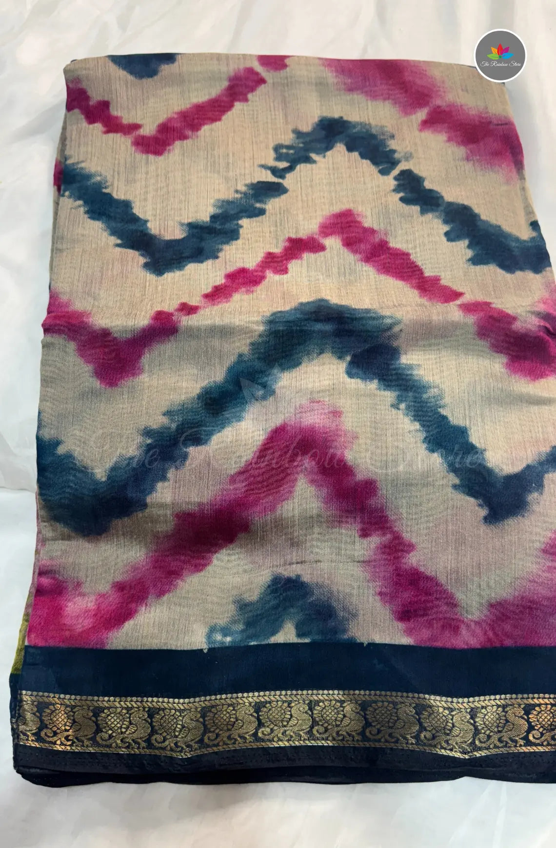Lehariya Printed Maheshwari Saree - Rani Pink and Blue