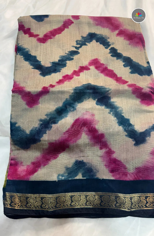 Lehariya Printed Maheshwari Saree - Rani Pink and Blue