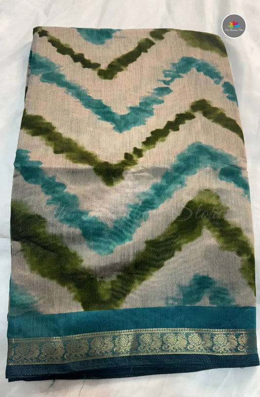 Lehariya Printed Maheshwari Saree - Skyblue and Green