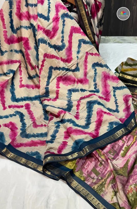 Lehariya Printed Maheshwari Saree - Rani Pink and Blue