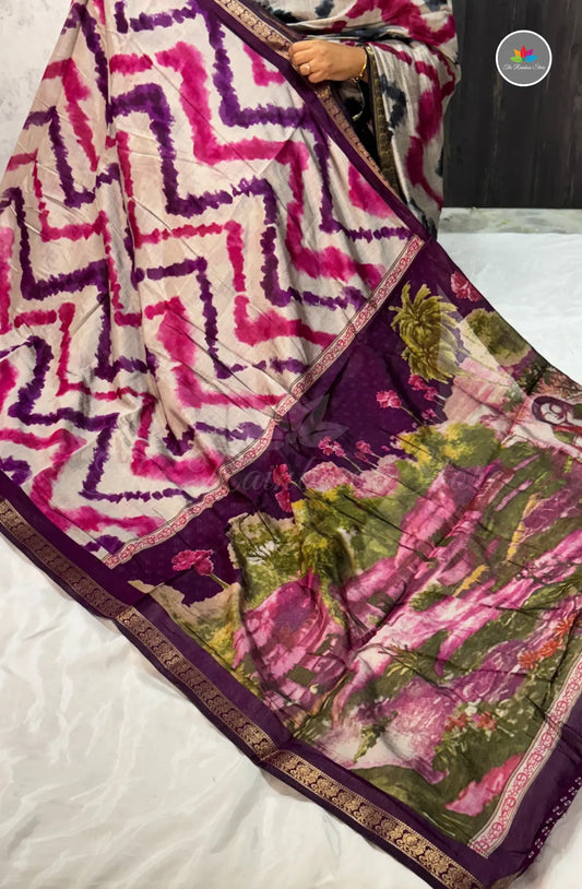 Lehariya Printed Maheshwari Saree - Rani Pink and Purple