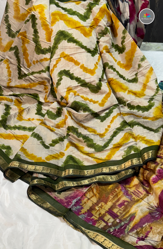 Lehariya Printed Maheshwari Saree - Yellow and Green