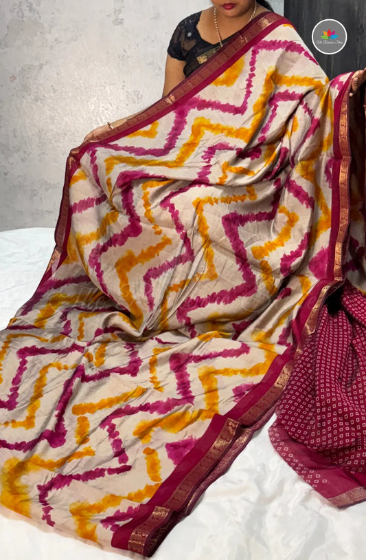 Lehariya Printed Maheshwari Saree - Yellow and Maroon
