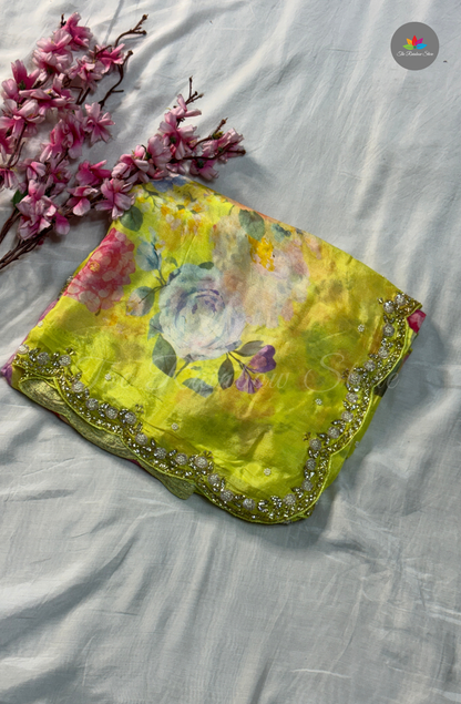 Pure Chinon With Hand Embroidery- Lemon Yellow