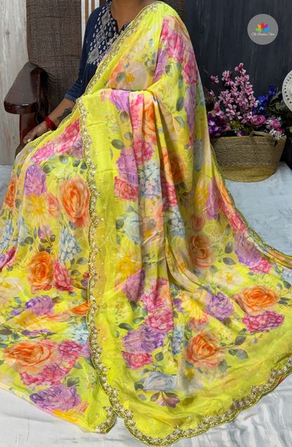 Pure Chinon With Hand Embroidery- Lemon Yellow
