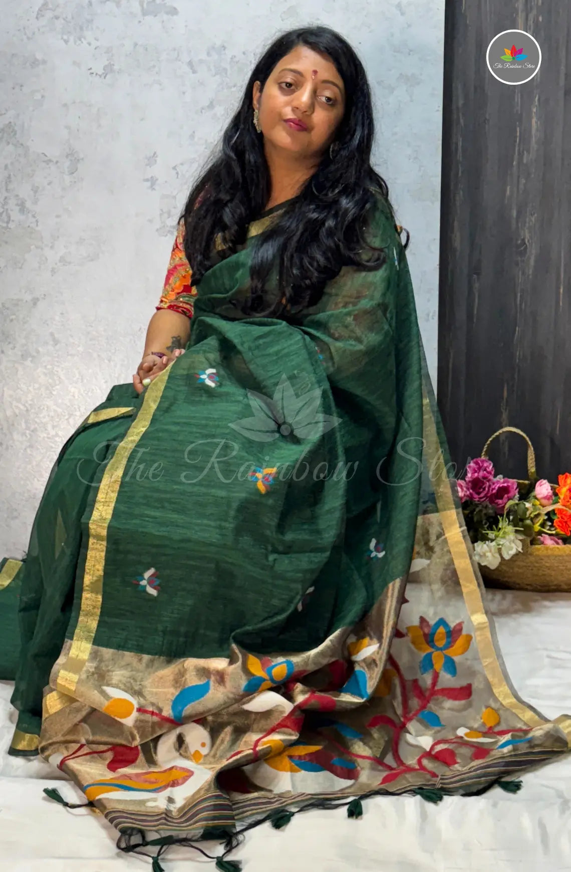Elegant Lenin Saree with Lotus Motifs - Dark Green