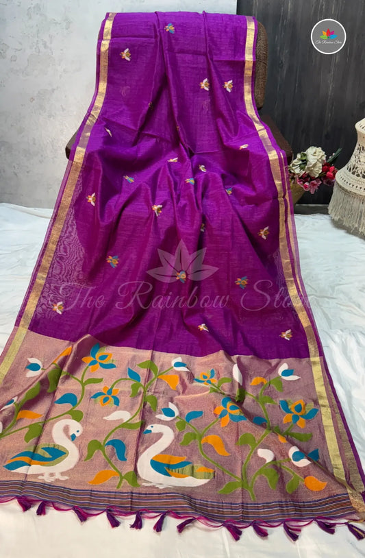 Elegant Lenin Saree with Lotus Motifs - Purple