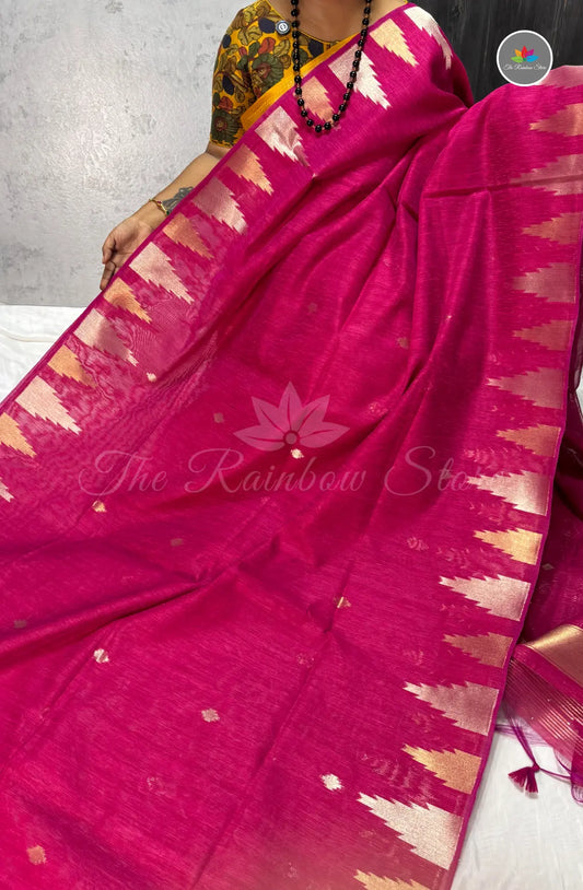 Elegant Lenin Saree with Tower Border - Rani Pink