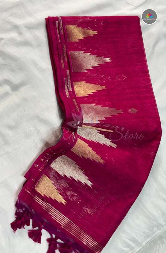 Elegant Lenin Saree with Tower Border - Rani Pink