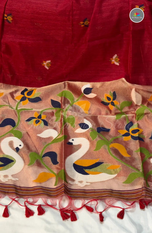 Elegant Lenin Saree with Lotus Motifs - Red