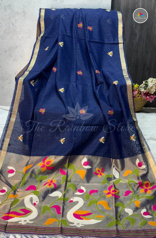 Elegant Lenin Saree with Lotus Motifs - Royal Blue