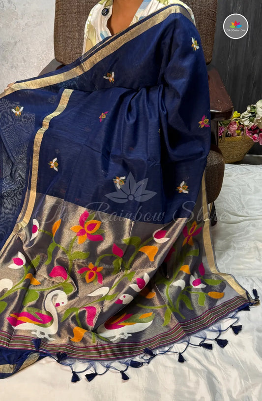Elegant Lenin Saree with Lotus Motifs - Royal Blue