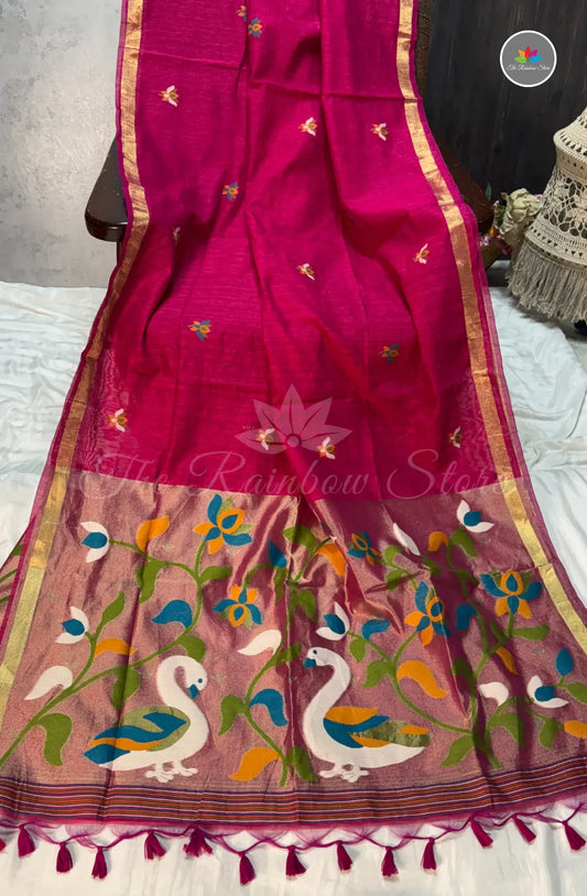 Elegant Lenin Saree with Lotus Motifs - Rani Pink