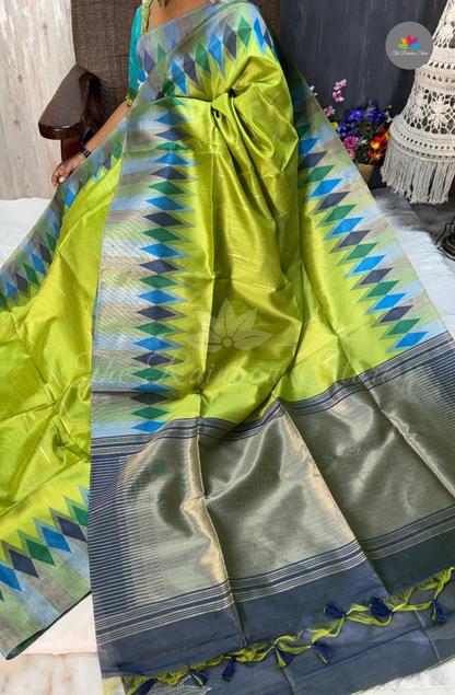 Ikkat Tusser Silk With Jamdani Weaves - Lime Green