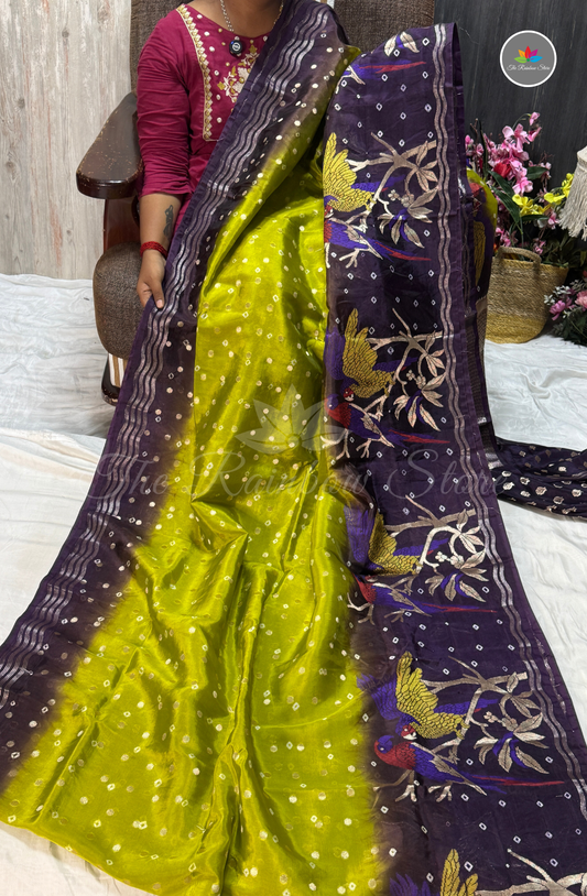 Dual-Tone Paper Silk Saree - Lime Green & Deep Plum Purple