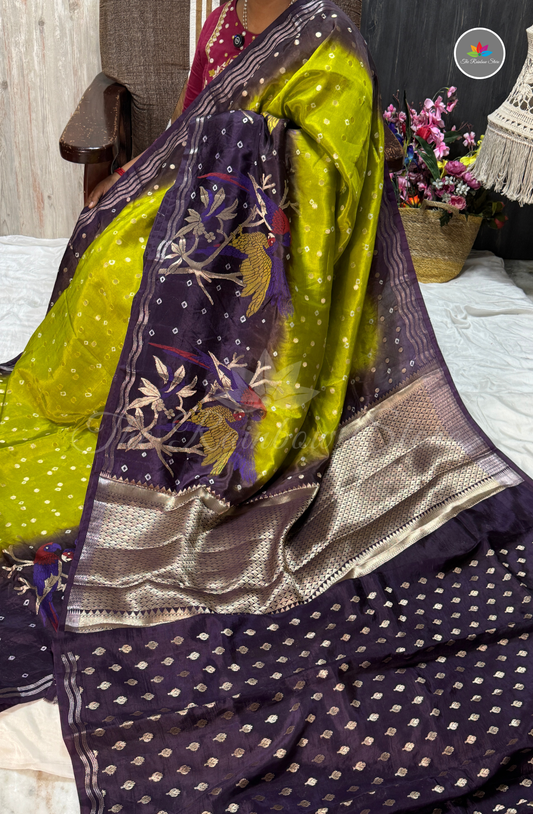 Dual-Tone Paper Silk Saree - Lime Green & Deep Plum Purple
