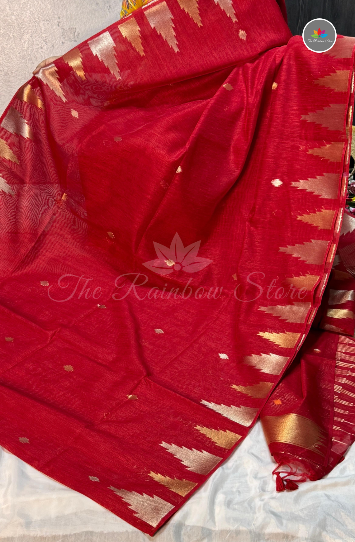 Linen Jamdani Saree with Temple Border - Red