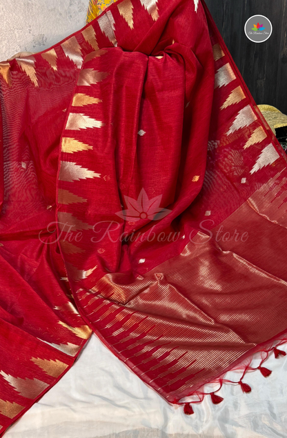 Linen Jamdani Saree with Temple Border - Red