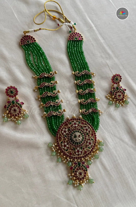 Long Green Beads Round Shape Pendant With Earrings Haram Set