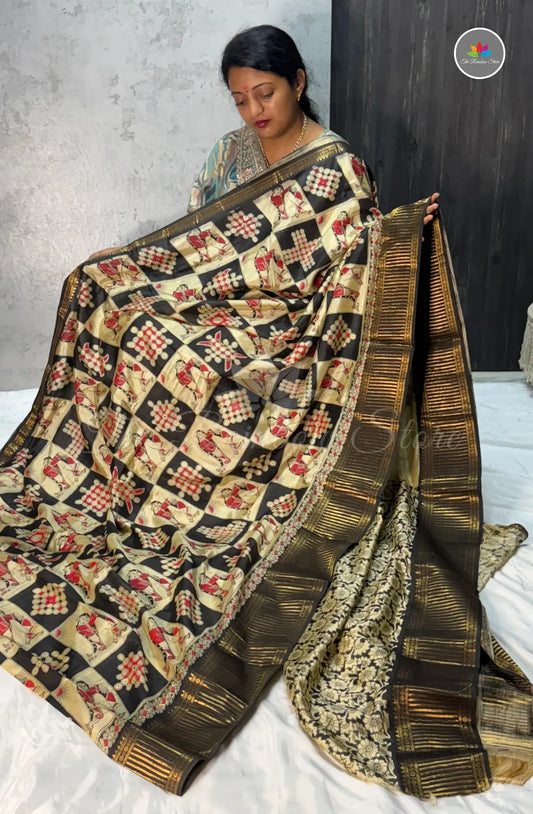 Premium Mangalagiri Pattu With Bapu Art Paints - Black
