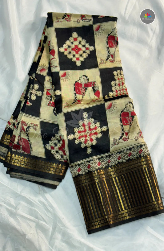 Premium Mangalagiri Pattu With Bapu Art Paints - Black