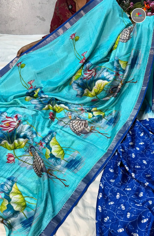 Premium Mangalagiri Pattu with Small Border - Aqua Blue