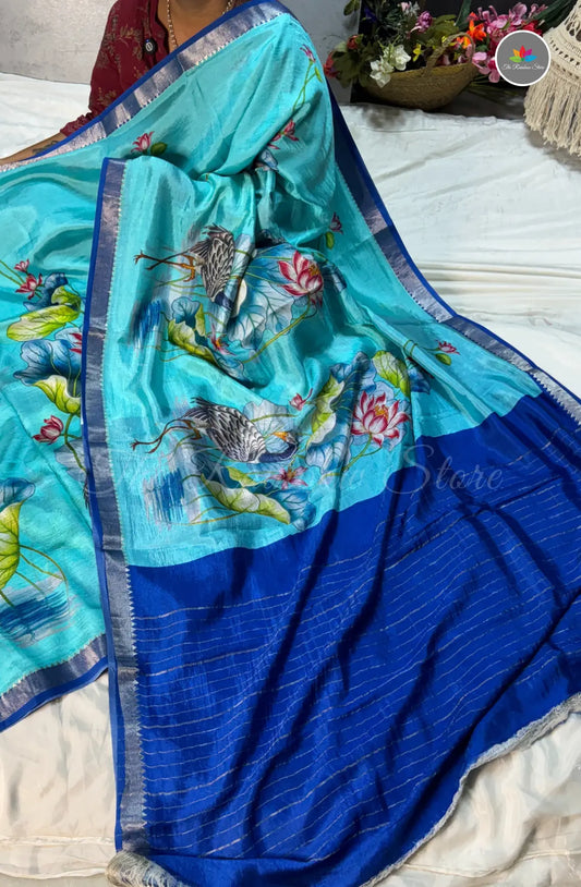 Premium Mangalagiri Pattu with Small Border - Aqua Blue