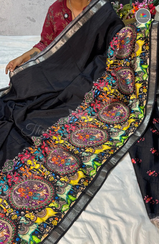 Premium Mangalagiri Pattu with Small Border - Black