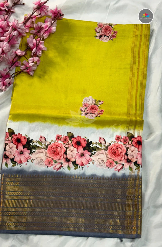 Mangalagiri Pattu in Kanchi Weaving Border with Tanjore Paints - Golden Yellow