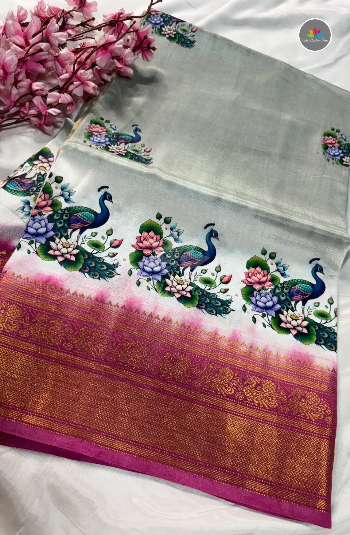 Mangalagiri Pattu in Kanchi Weaving Border with Tanjore Paints - Grey