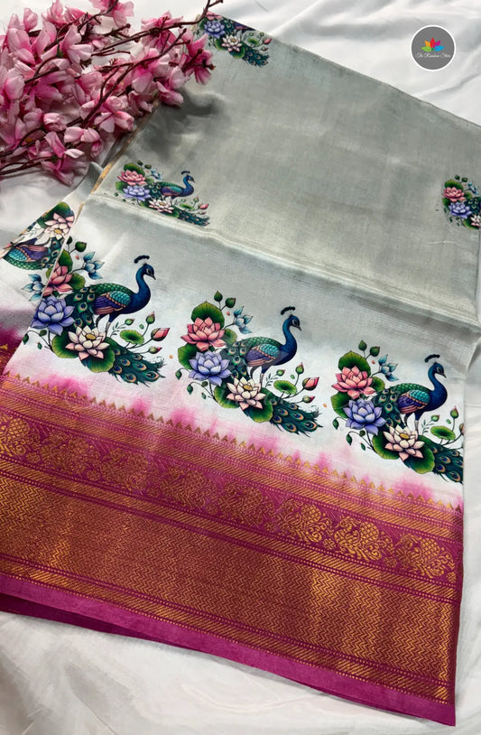 Mangalagiri Pattu in Kanchi Weaving Border with Tanjore Paints - Grey
