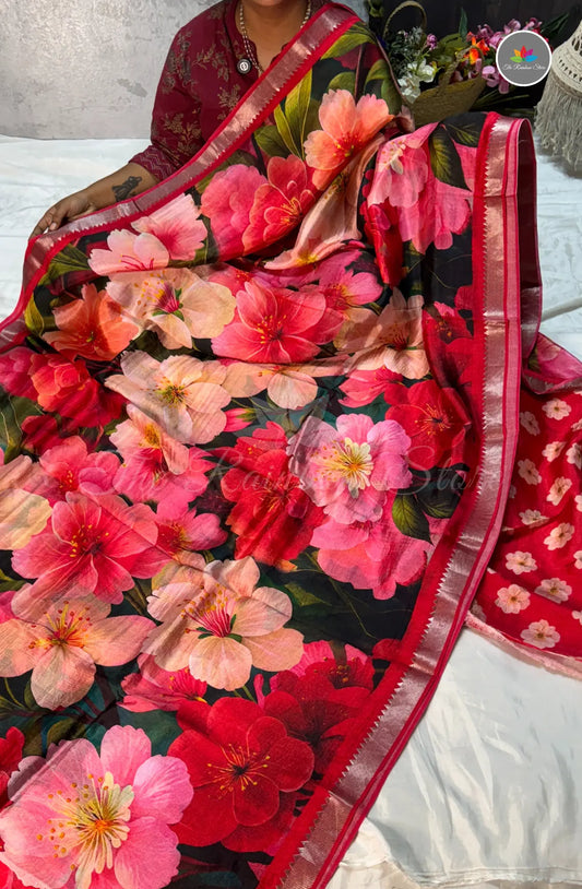 Premium Mangalagiri Pattu with Small Border - Hibiscus Red