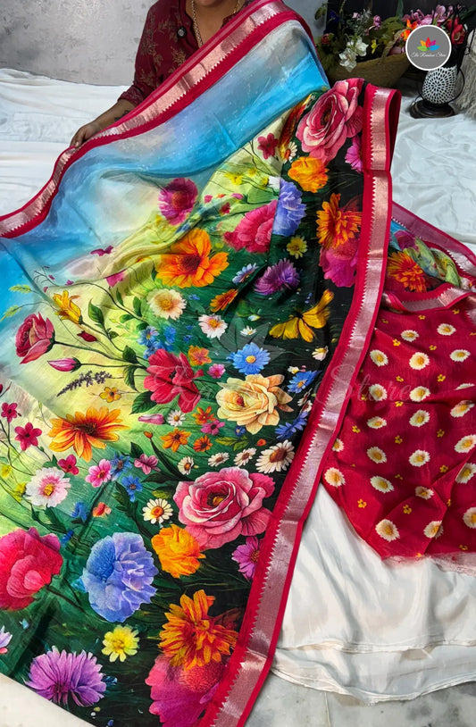 Premium Mangalagiri Pattu with Small Border - Multi Color Florals