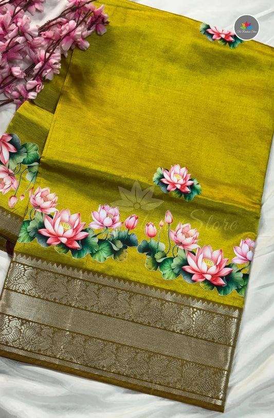 Mangalagiri Pattu in Kanchi Weaving Border with Tanjore Paints - Mustard