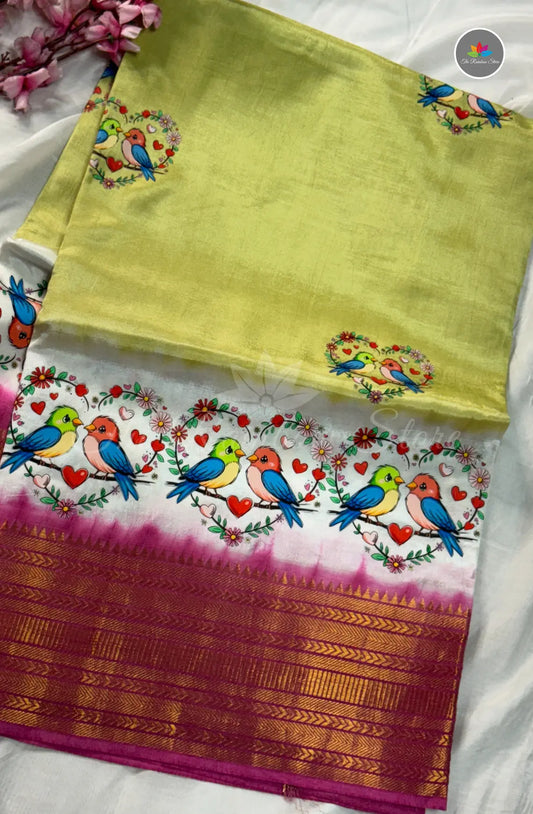 Mangalagiri Pattu in Kanchi Weaving Border with Tanjore Paints - Green
