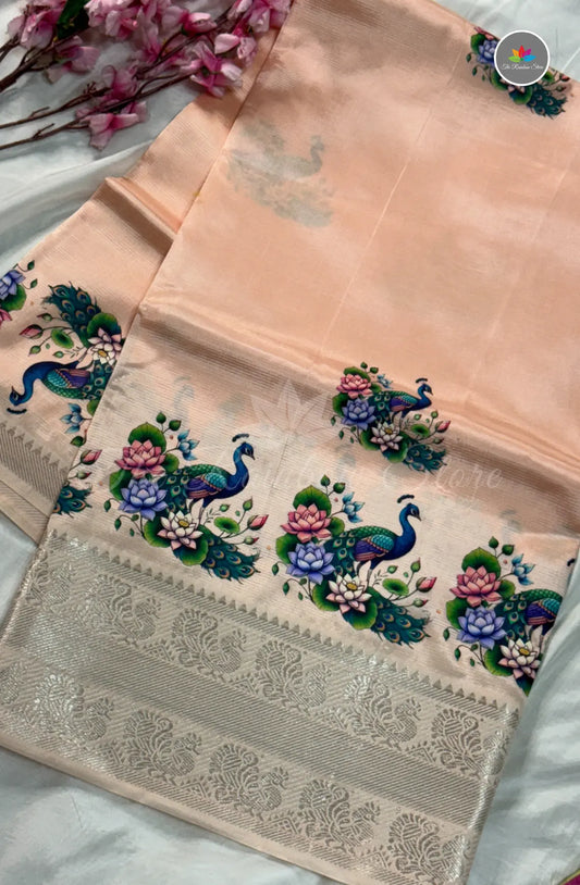 Mangalagiri Pattu in Kanchi Weaving Border with Tanjore Paints - Light  Peach