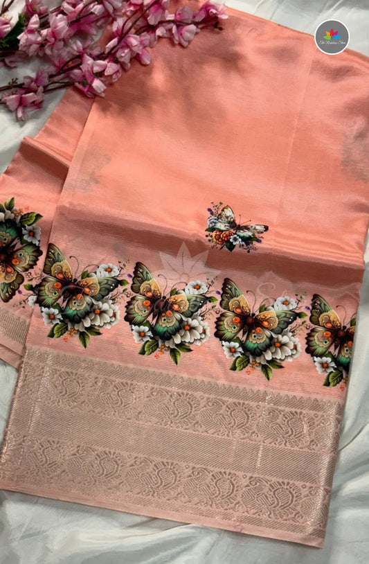 Mangalagiri Pattu in Kanchi Weaving Border with Tanjore Paints - Peach