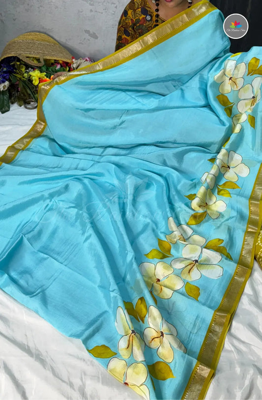 Premium Mangalagiri Pattu With Small Border - Skyblue