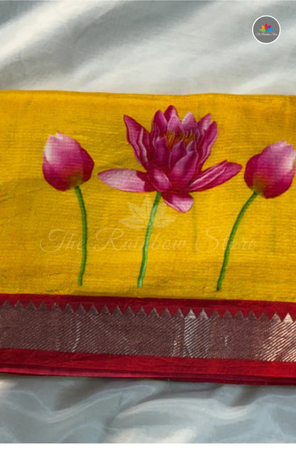 Premium Mangalagiri Pattu with Small Border - Turmeric Yellow