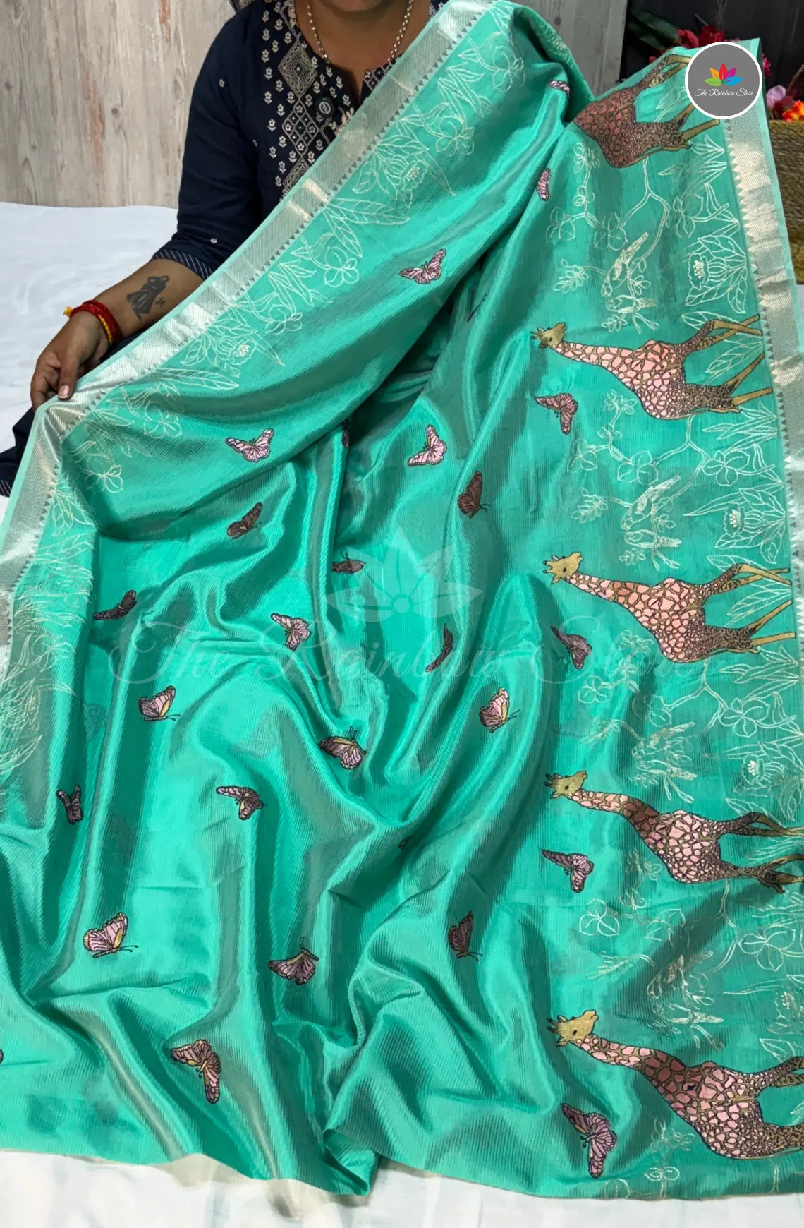 Mangalagiri Pattu Saree with Embroidery and Girafee Motifs - Sea Green
