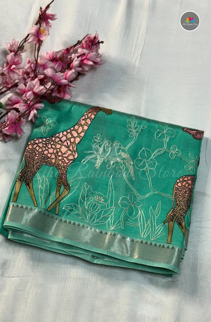 Mangalagiri Pattu Saree with Embroidery and Girafee Motifs - Sea Green