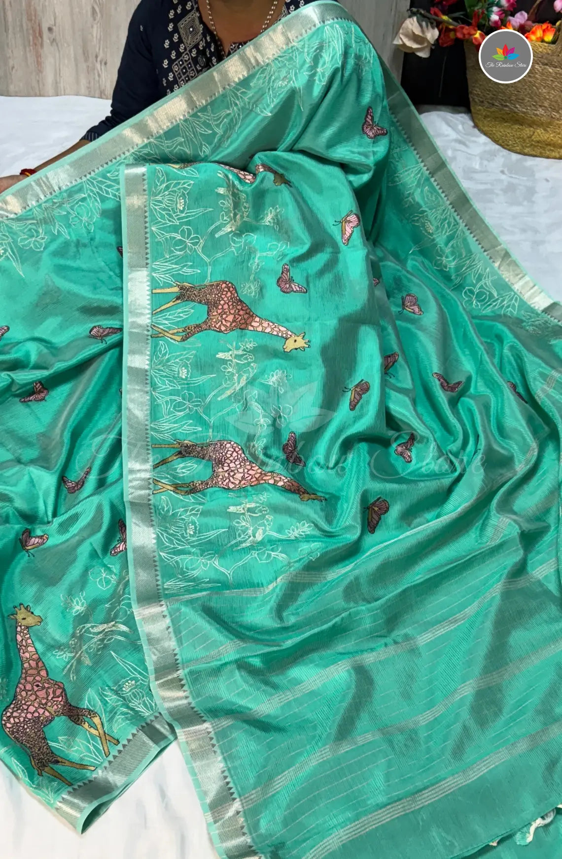 Mangalagiri Pattu Saree with Embroidery and Girafee Motifs - Sea Green